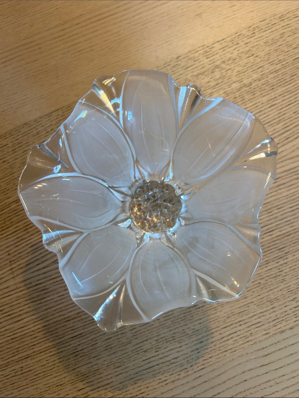 Vintage Waltherglas Clear/ Frosted Glass Flower Bowl - White Accent 6”W 3.5”H
